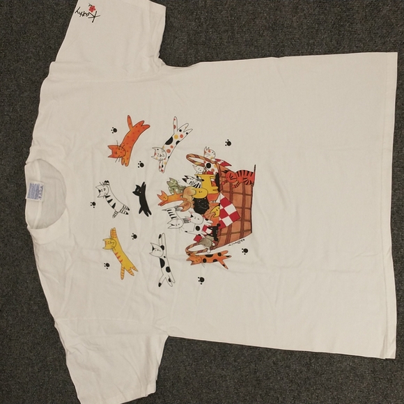 Vintage Cat Tee Kathy Davis Kitty Basket Deadstock Unworn Cotton Single Stitch L - Picture 2 of 9